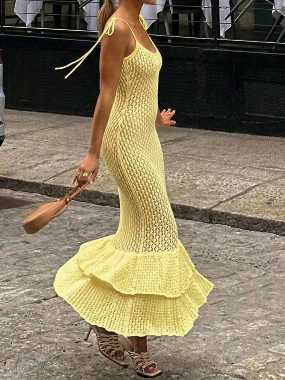 Yellow Elegant Women's Tie Strap Ruffle-Hem Bodycon Maxi Dress - Picture 2 of 6